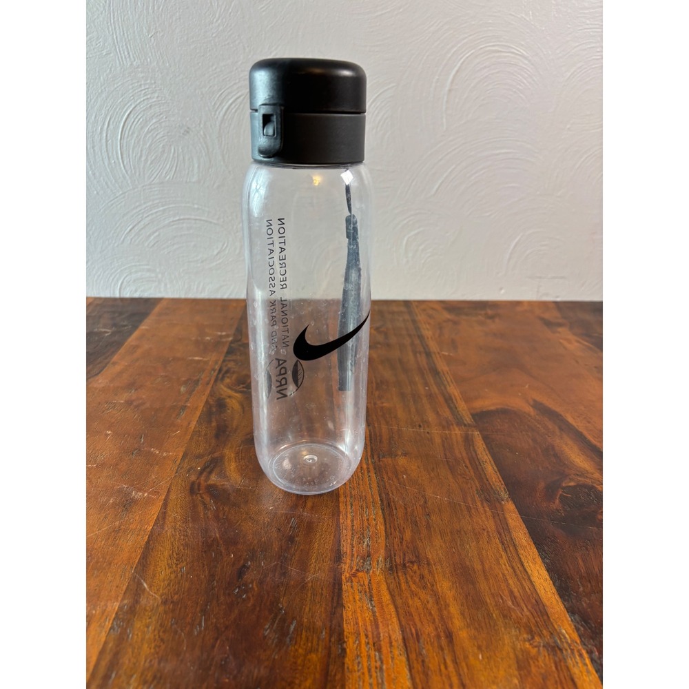 Nike NRPA 27oz Clear Plastic Water Bottle Flip Top Lid Black Swoosh Logo